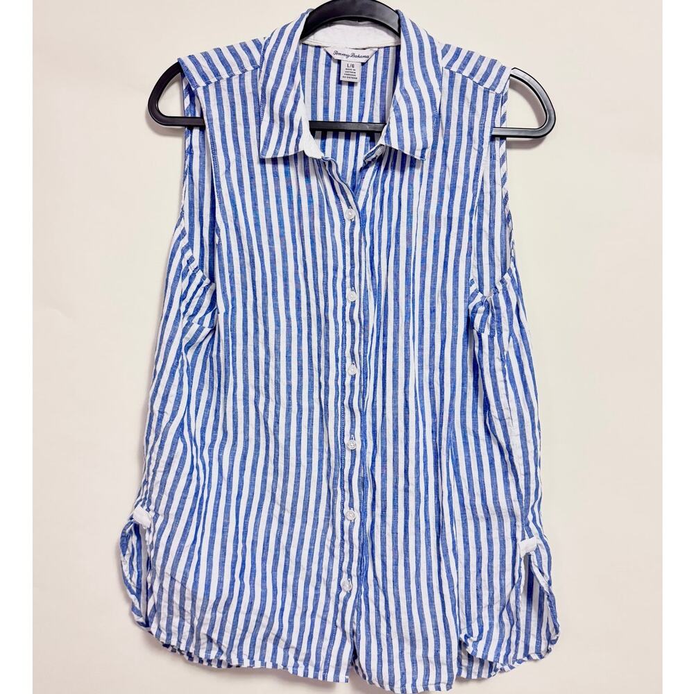 Tommy Bahama Sleeveless Linen Button Down Top Blue White Large Coastal Resort